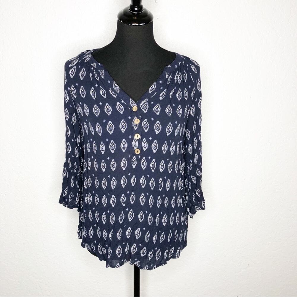 RAGA navy blue white geometric print peasant boho top size Medium